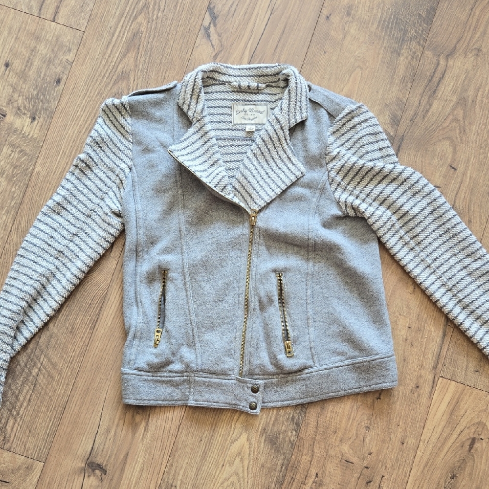 Lucky Brand Gray Bomber Jacket with Striped Sleeves